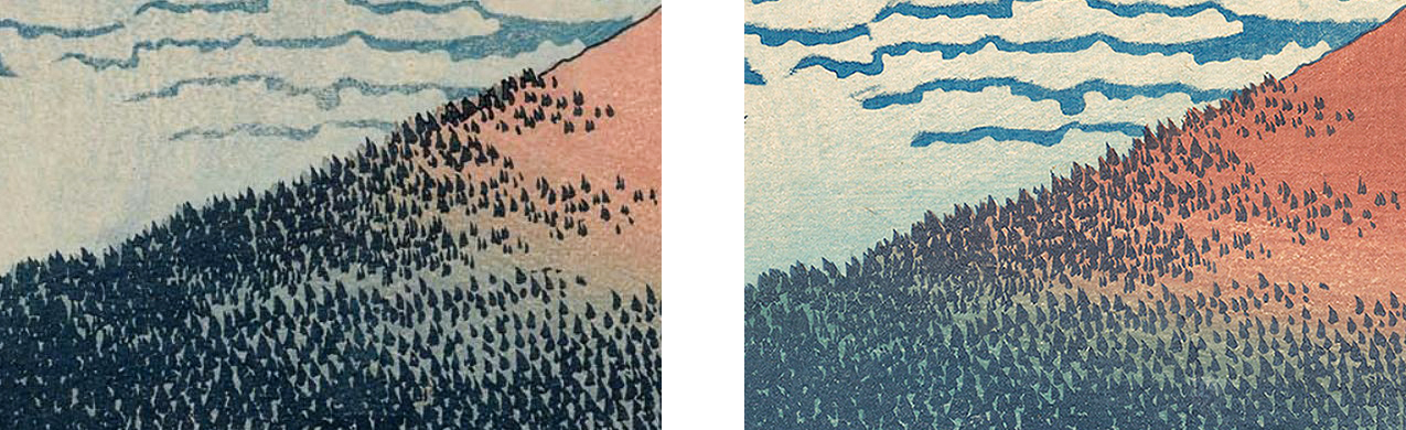 Detail from two early “Red Fuji” prints.